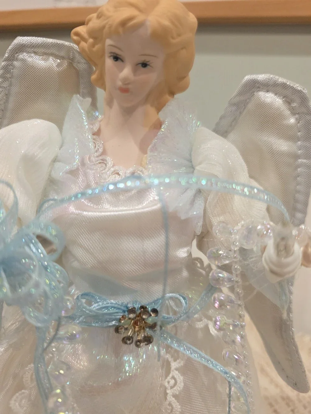 Angel Tree Topper Christmas Lighted, Plug In, White With Blue Accents, 10 Inches